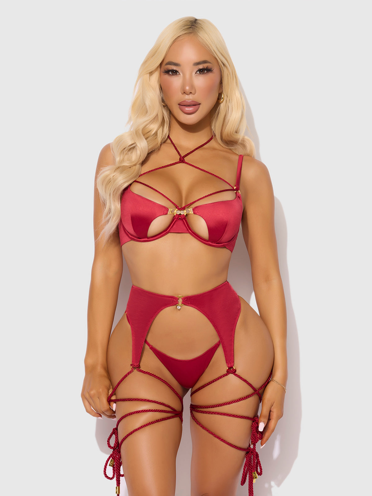 IRYNA SILKY MICRO & ROPE BRA, GARTER & THONG SET
