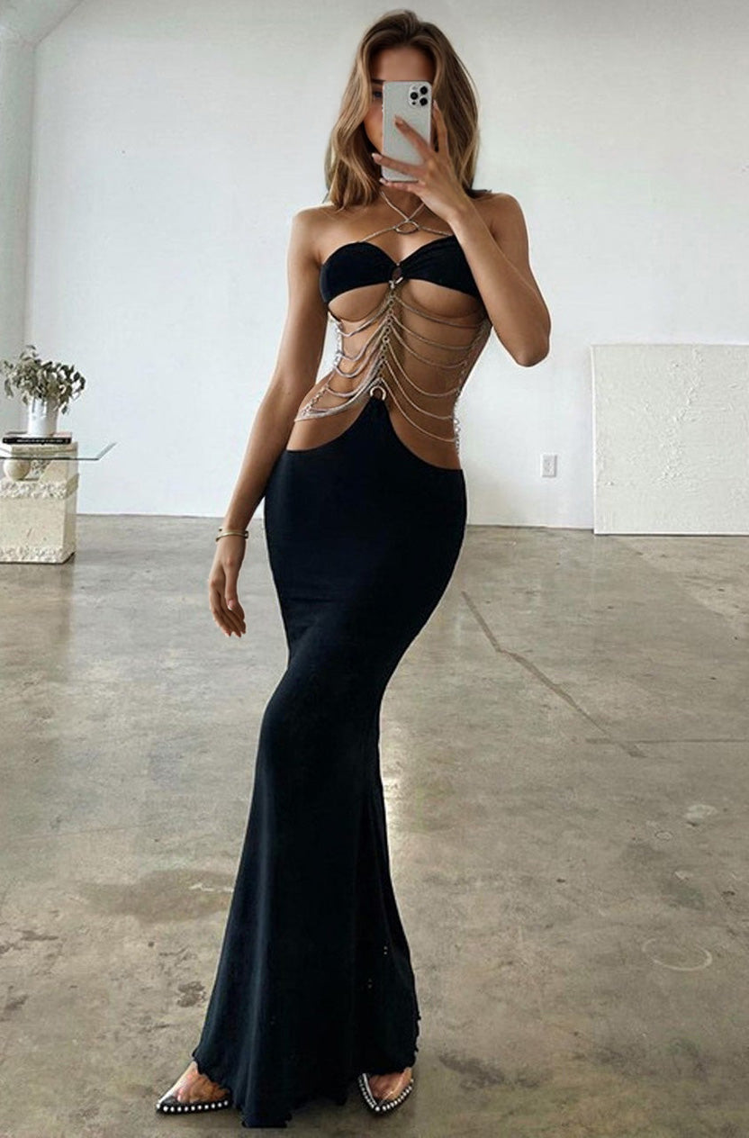 Ultra Sexy Drape Chain Black Dress.