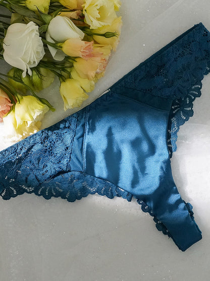 Blue  Lace Satin Mesh Push-Up Sexy Lingerie Set.
