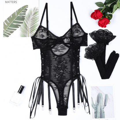 Vienna Lace-Up Sheer Lace 2 Piece Black Bodysuit