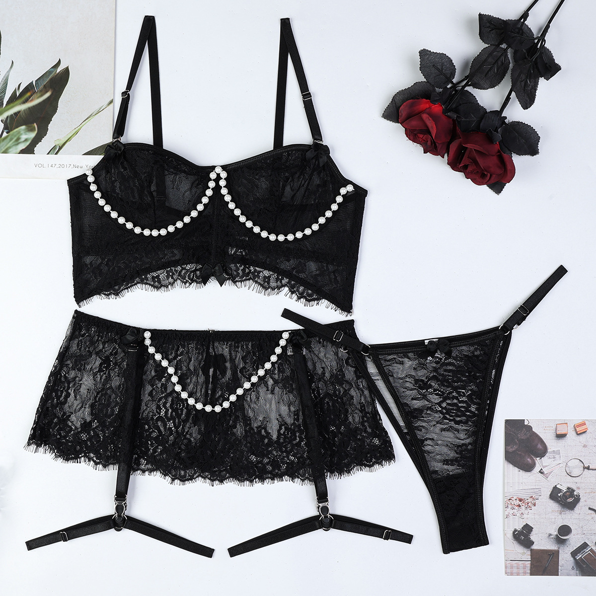 Luna Pearl Embellished Lace 4 Piece Lingerie Set