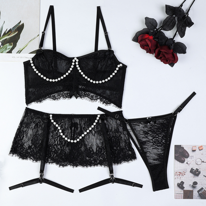 Luna Pearl Embellished Lace 4 Piece Lingerie Set