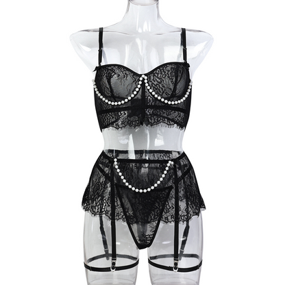 Luna Pearl Embellished Lace 4 Piece Lingerie Set