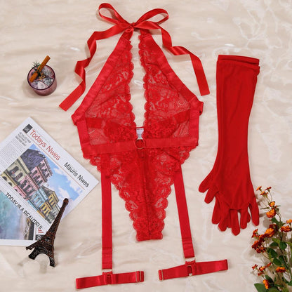 Crimson Desire Lace Teddy & Glove Set