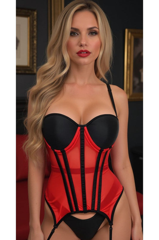 Lavish Red/Black Mesh Underwire Bustier Corset w/Garters.