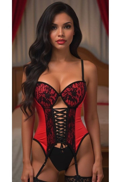 Lavish Red/Black Lycra & Lace Hook & Eye Lace-Up Bustier Corset w/Garters