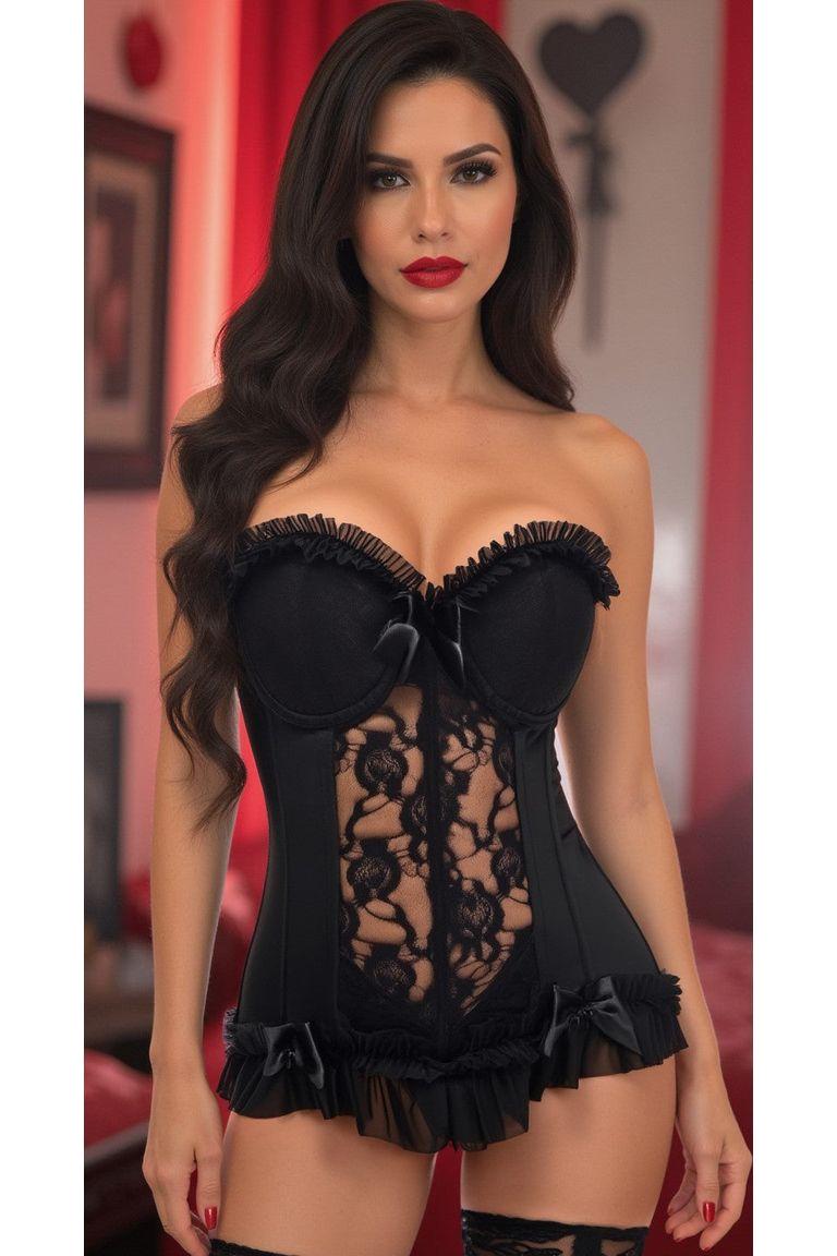 Lavish Black Lycra & Lace Hook & Eye Stretch Bustier Corset.