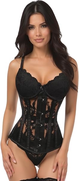 Lavish Black Sheer Lace Underwire Open Cup Underbust Corset