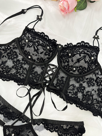 Black Pearls Small Flower Lace Lingerie Set