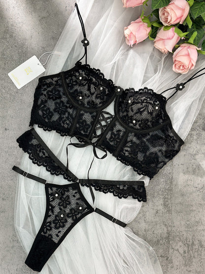 Black Pearls Small Flower Lace Lingerie Set