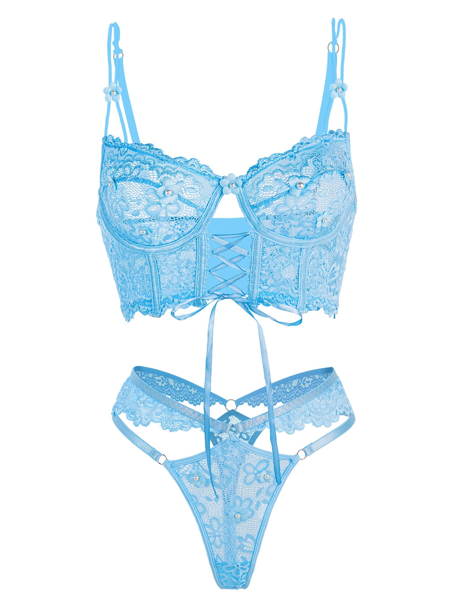 Blue Pearls Small Flower Lace Lingerie Set.