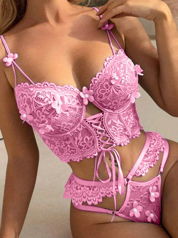 Pink Pearls Small Flower Lace Lingerie Set.