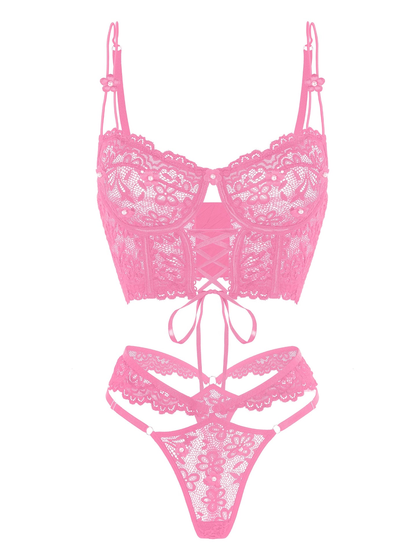 Pink Pearls Small Flower Lace Lingerie Set.
