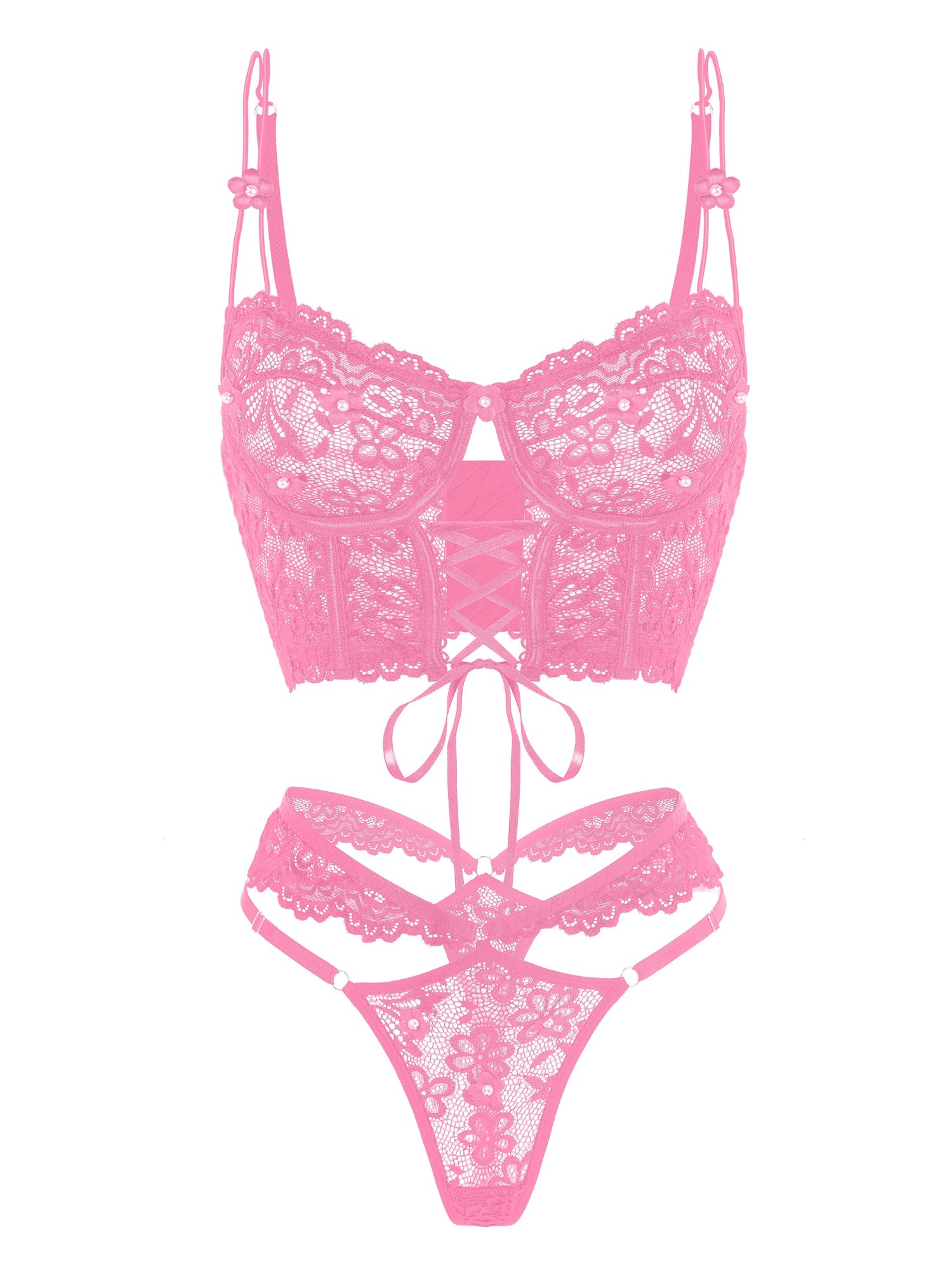 Pink Pearls Small Flower Lace Lingerie Set.