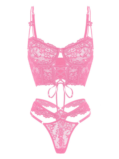 Pink Pearls Small Flower Lace Lingerie Set.