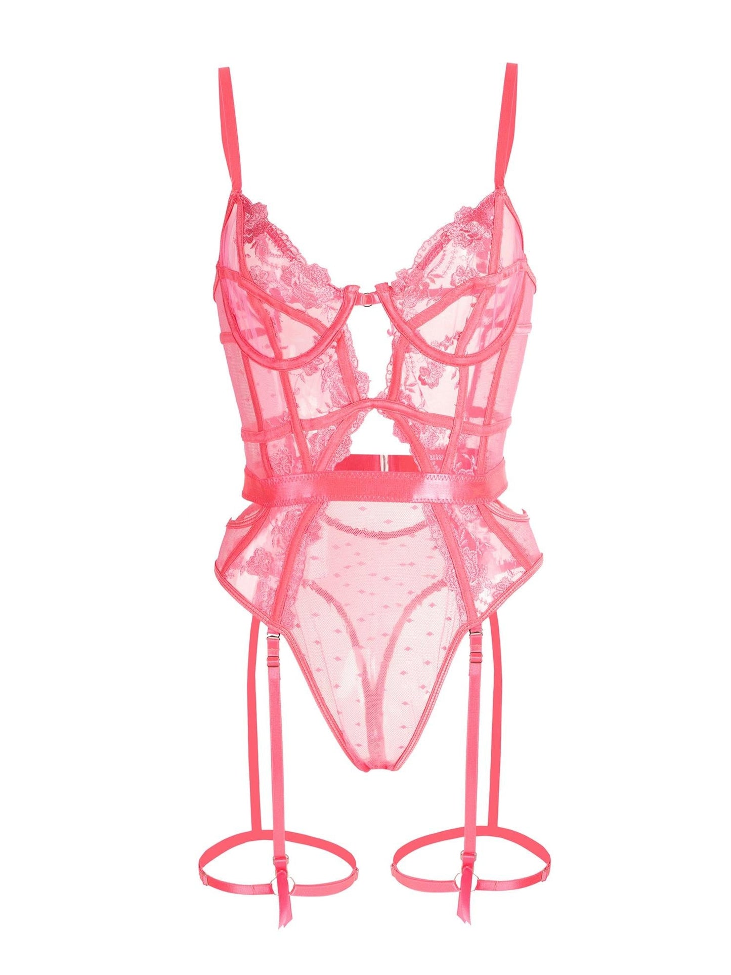 Pink Solid Elegant Embroidered Lace Bodysuit.
