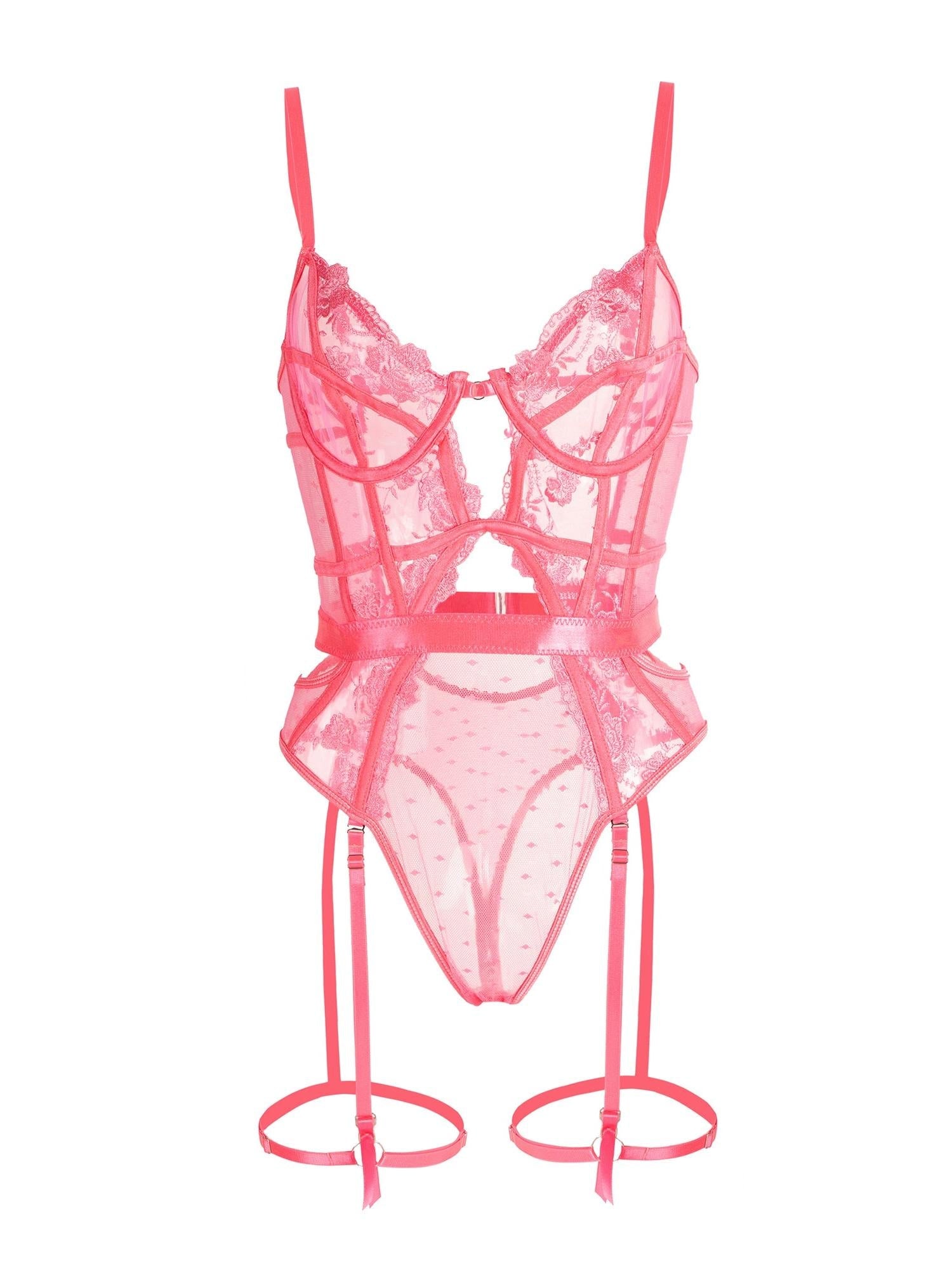 Pink Solid Elegant Embroidered Lace Bodysuit.
