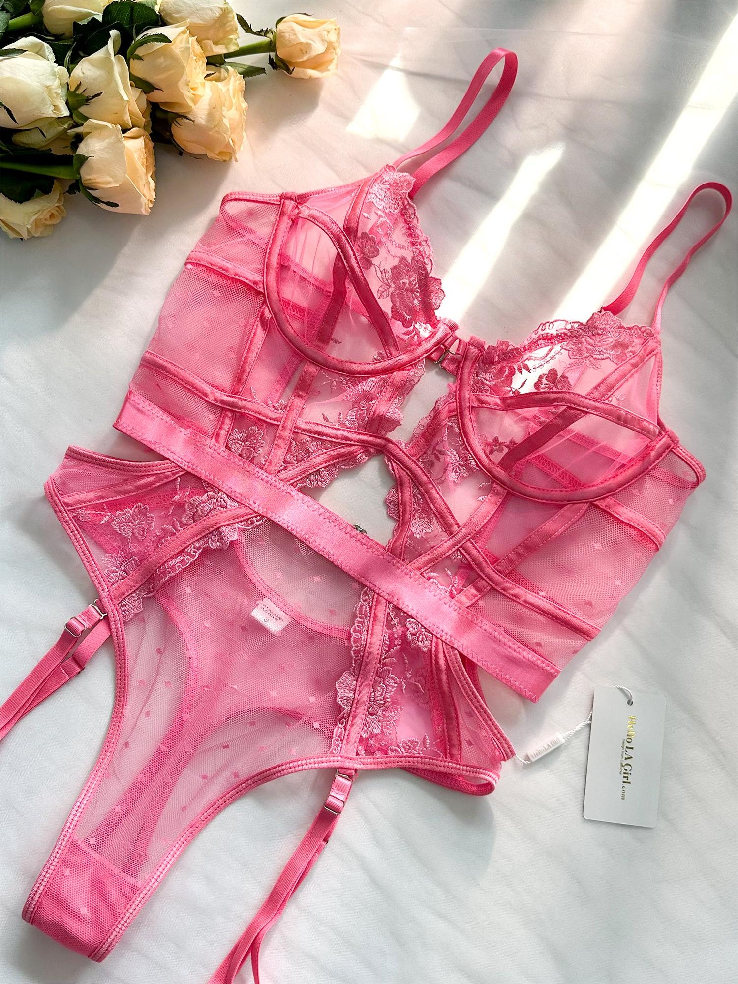 Pink Solid Elegant Embroidered Lace Bodysuit.