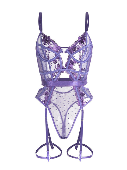 Purple Solid Elegant Embroidered Lace Bodysuit.