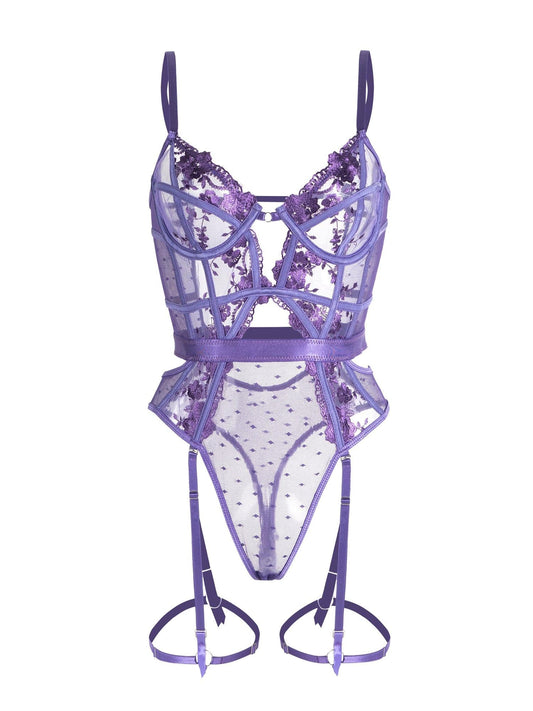 Purple Solid Elegant Embroidered Lace Bodysuit.