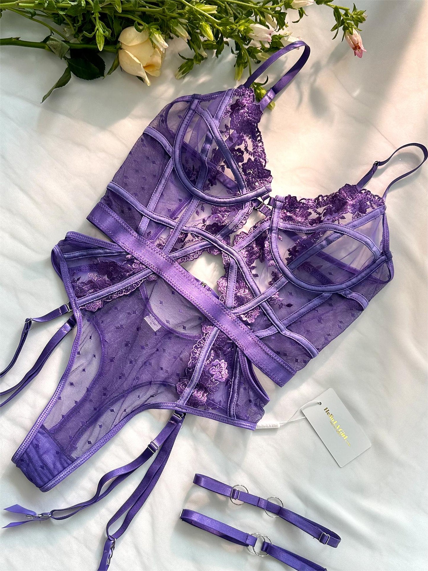 Purple Solid Elegant Embroidered Lace Bodysuit.
