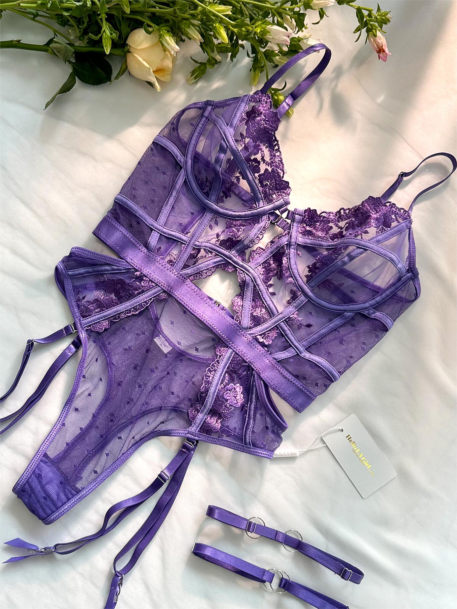 Purple Solid Elegant Embroidered Lace Bodysuit.