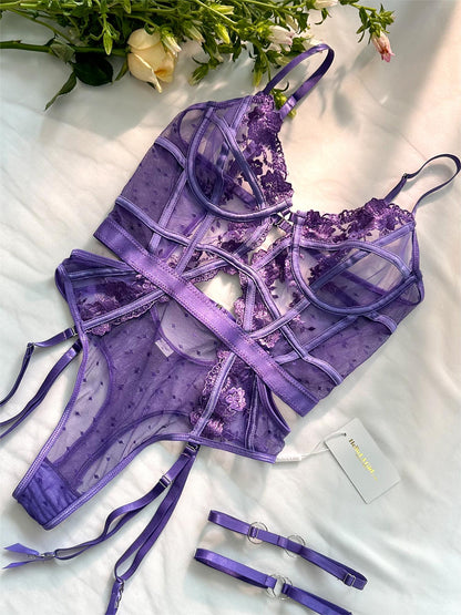 Purple Solid Elegant Embroidered Lace Bodysuit.