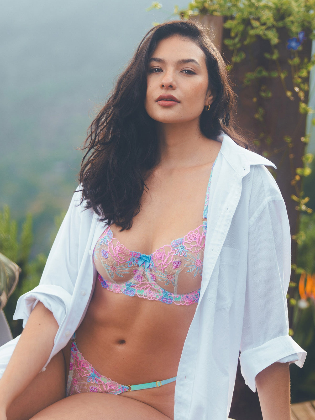 Blue Butterfly Bow Colorful Embroidered Flower Lingerie Set