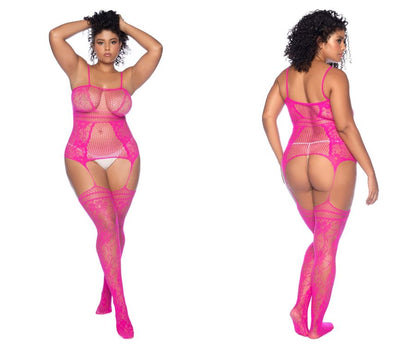 Mapale 1105X Curvy Size Fishnet Bodystocking Color Neon Pink.