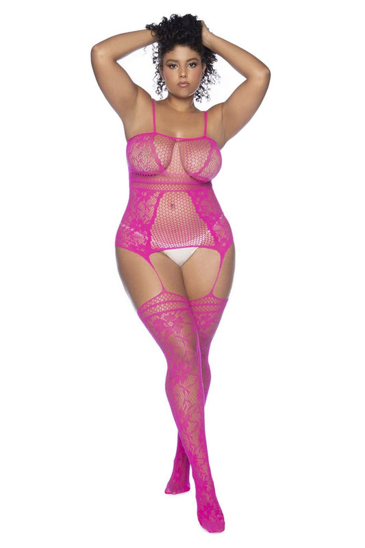 Mapale 1105X Curvy Size Fishnet Bodystocking Color Neon Pink.
