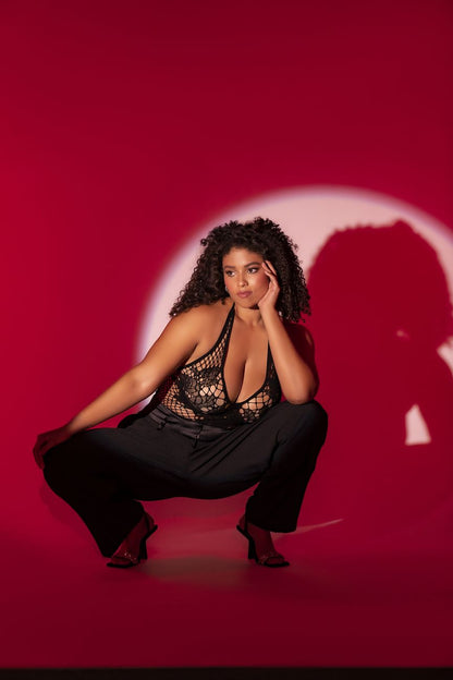 Mapale 1115X Curvy Size Floral Fishnet Bodysuit Color Black.