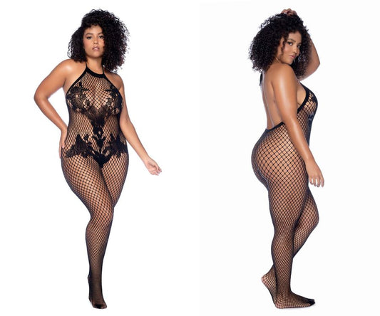 Mapale 1116X Curvy Size Halter And Crotchless Floral Bodystocking Color Black.