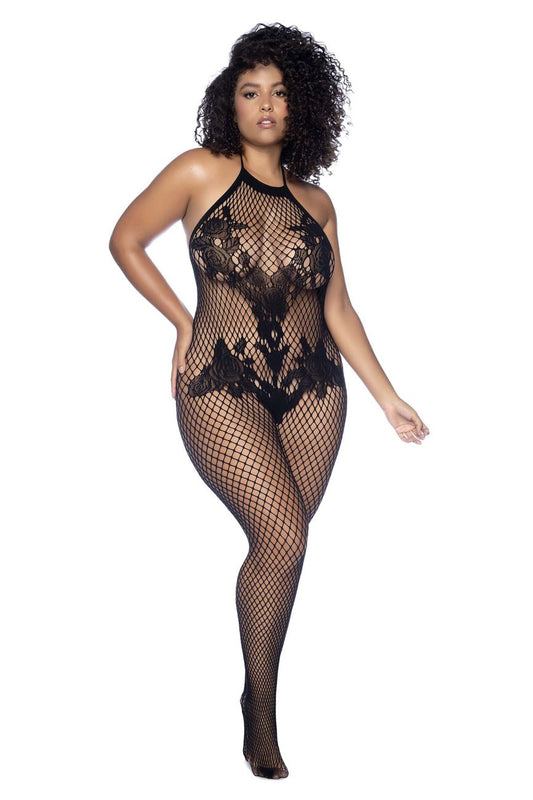 Mapale 1116X Curvy Size Halter And Crotchless Floral Bodystocking Color Black.