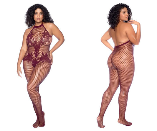 Mapale 1116X Curvy Size Halter And Crotchless Floral Bodystocking Color Cherry.
