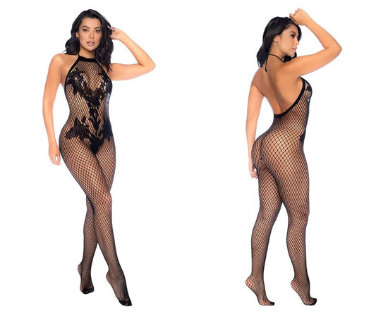Mapale 1116 Halter And Crotchless Floral Bodystocking Color Black.