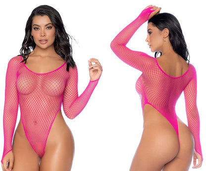 Mapale 1119 Long Sleeve Fishnet Bodysuit Color Neon Pink.