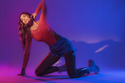 Mapale 1119 Long Sleeve Fishnet Bodysuit Color Neon Pink.