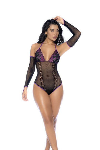 Mapale 1121 Fishnet and Lace Bodysuit Set Color Black-Purple.