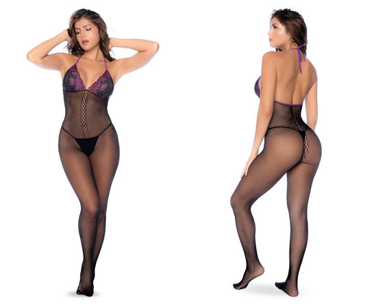 Mapale 1122 Fishnet and Lace Bodystocking Set Color Black-Purple.