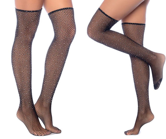 Mapale 1127 Diamond Fishnet Thigh High Stockings Color Black-Rhinestone.