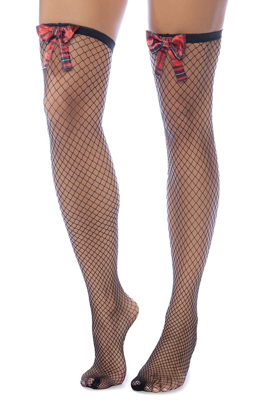 Mapale 1128 Diamond Fishnet Thigh Highs with Plaid Bows Color Black-Plaid.