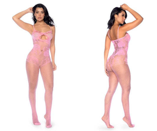 Mapale 1130 Floral Fishnet Bodysuit Set Color Bubblegum Pink.