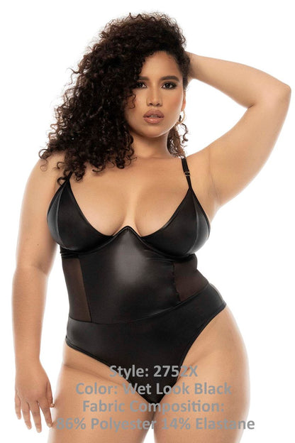 Mapale 2752X Curvy Size Bibi Bodysuit Plus Color Wet Look Black.