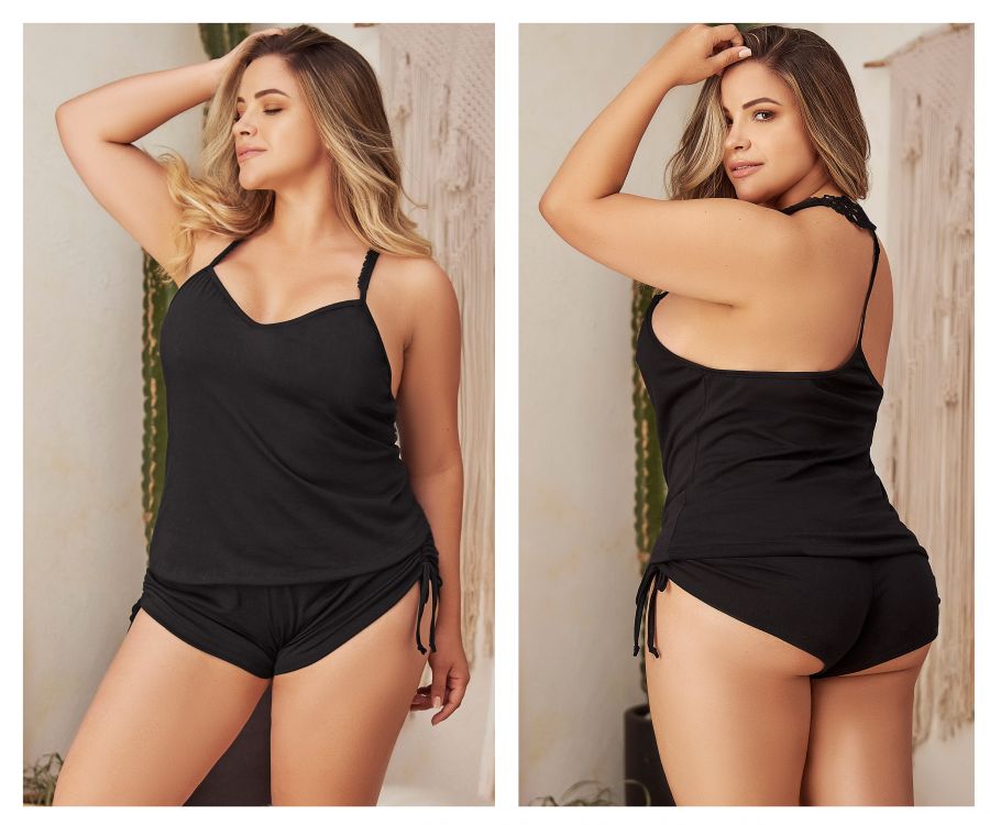 Mapale 7095X Curvy Size Two Piece Pajamas Set. Top and Shorts Color Black.