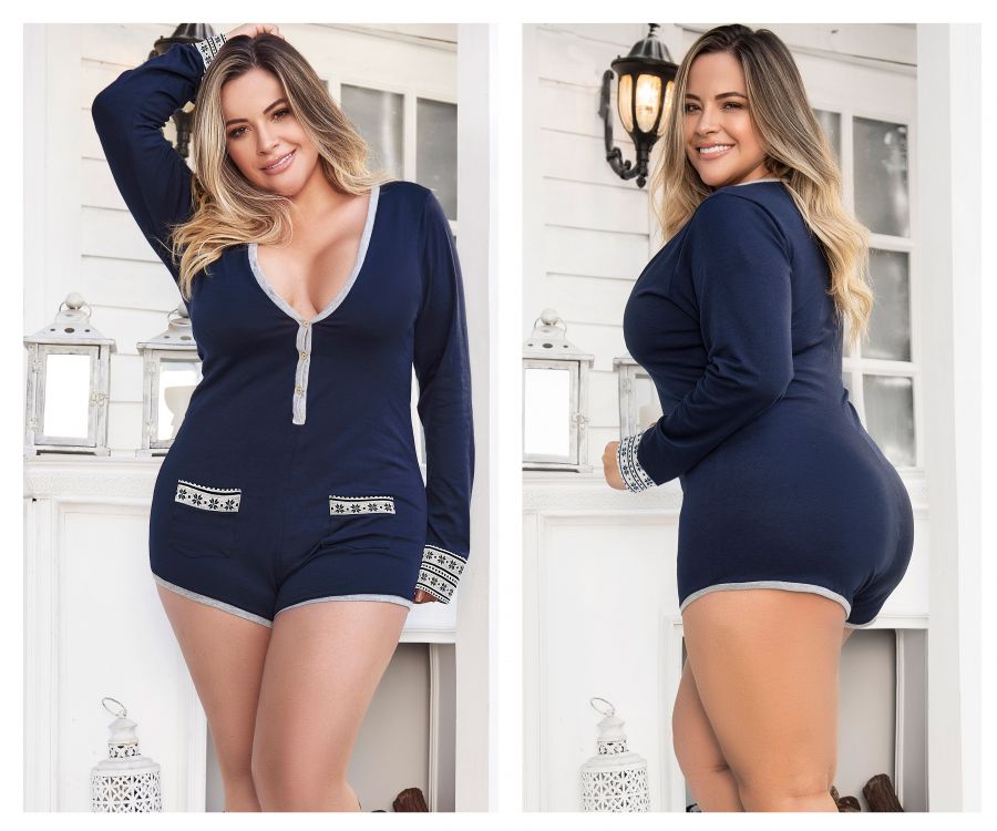 Mapale 7233X Curvy Size Long Sleeve Sleep Romper Color Blue.