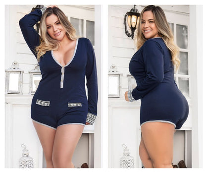 Mapale 7233X Curvy Size Long Sleeve Sleep Romper Color Blue.