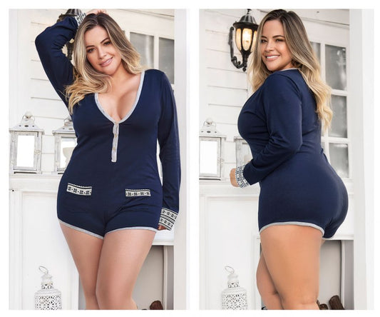 Mapale 7233X Curvy Size Long Sleeve Sleep Romper Color Blue.