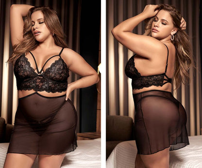 Mapale 7433X Curvy Size Babydoll and Two Piece Set Color Black.
