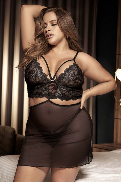 Mapale 7433X Curvy Size Babydoll and Two Piece Set Color Black.