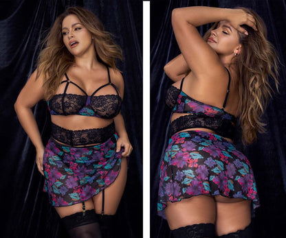 Mapale 7496X Curvy Size Babydoll Three Piece Set Color Dream Flower Print.